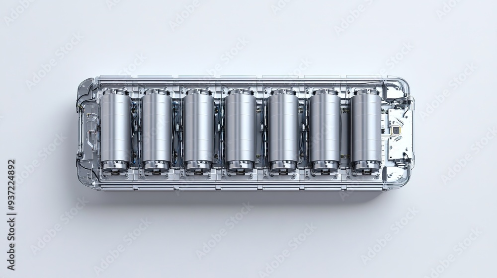 An EV battery module with cylindrical cells, depicted in a realistic style on a white background, representing energy storage technology. 3D Rendering An EV battery module with cylindrical cells, depicted in a realistic style on a white background, representing energy storage technology. 3D Rendering