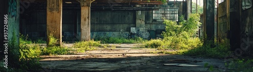 A large, empty building with a lot of weeds growing in the cracks. The building is old and abandoned