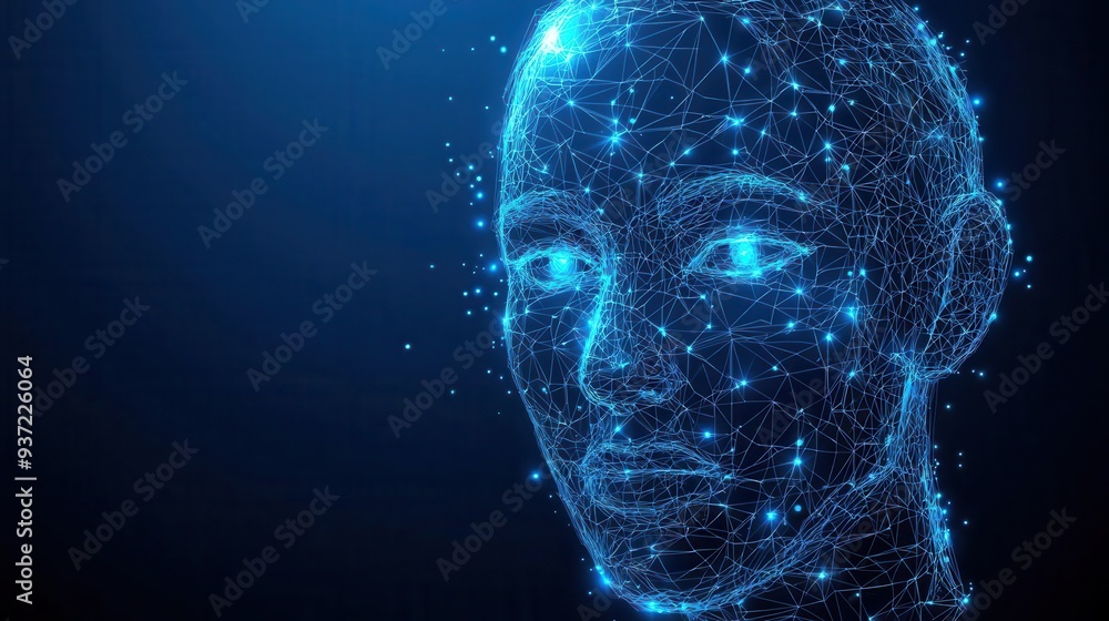 Digital representation of a humanoid face with glowing neural connections, symbolizing artificial intelligence and technology Digital representation of a humanoid face with glowing neural connections, symbolizing artificial intelligence and technology
