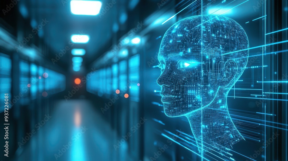 Futuristic digital head showcasing AI technology in a data center, illustrating the intersection of artificial intelligence and innovation Futuristic digital head showcasing AI technology in a data center, illustrating the intersection of artificial intelligence and innovation