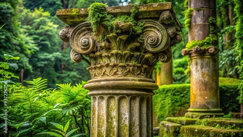 Ancient weathered stone column stands tall amidst lush greenery, with intricate carvings and moss-covered capitals, evoking a sense of history and mystique. photo