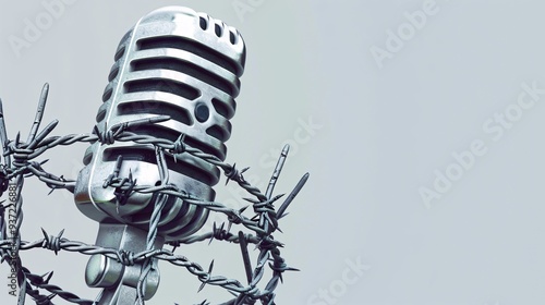 Concept of free expression: a microphone ensnared in barbed wire on a blank background, symbolizing an independent journalist's brand, suitable for web banners, flyers, and posters. photo