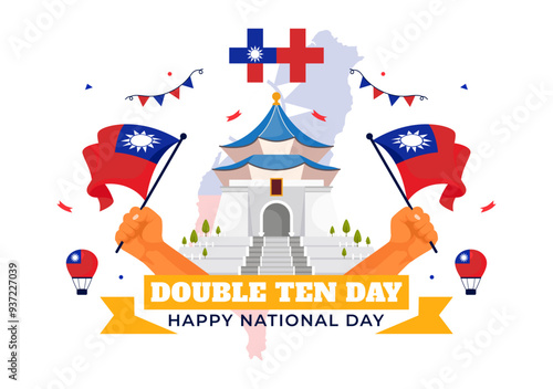 Happy Double Ten National Day Vector Illustration on October 10 with Taiwan Waving Flag and Balloons in a Holiday Flat Style Cartoon Background