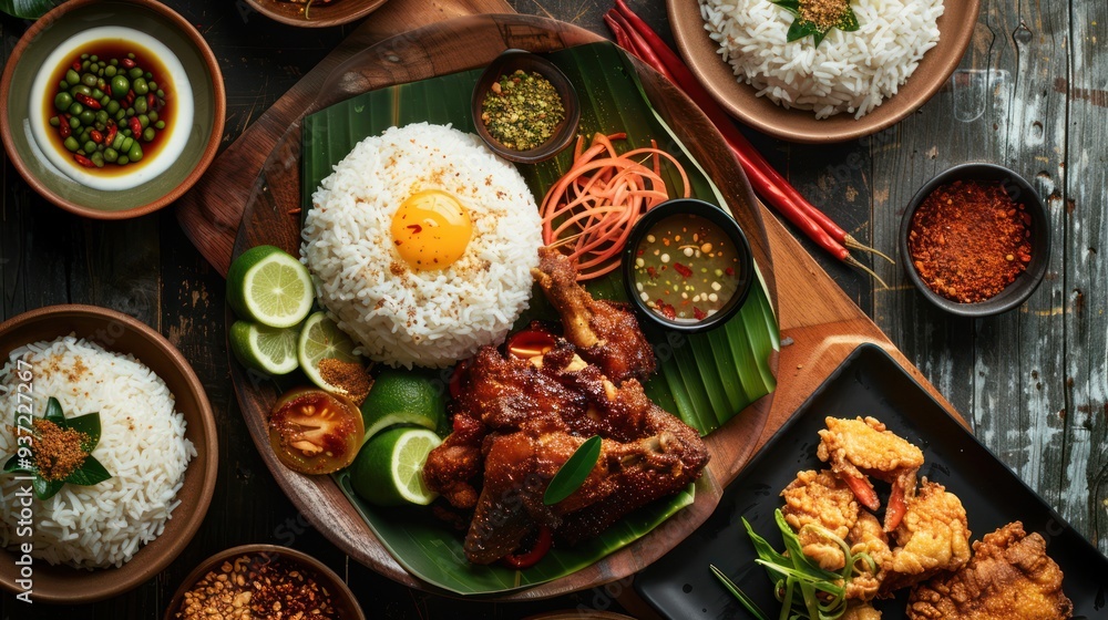 Fried Chicken, Rice, and Condiments on a Wooden Table Fried Chicken, Rice, and Condiments on a Wooden Table