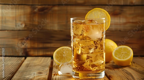 Soda and lemon drink mixed with Whiskey, served on a wooden surface.