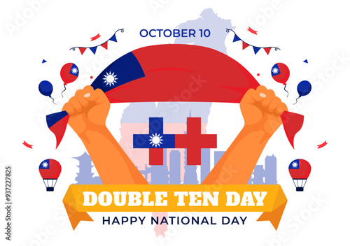 Happy Double Ten National Day Vector Illustration on October 10 with Taiwan Waving Flag and Balloons in a Holiday Flat Style Cartoon Background