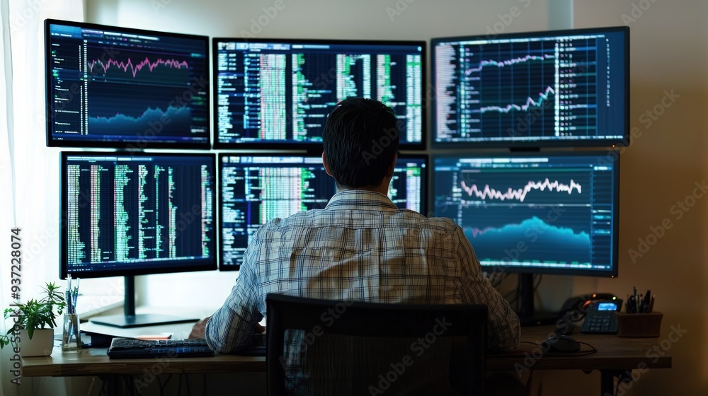 A man is sitting in front of a computer monitor with four screens. He is focused on the screens and he is working on something important A man is sitting in front of a computer monitor with four screens. He is focused on the screens and he is working on something important