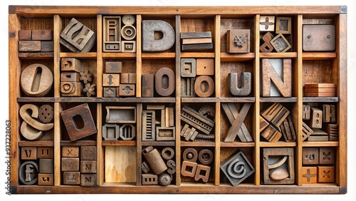 Assorted vintage metal letterpress type blocks in a wooden case, featuring a mix of serif and sans-serif fonts and uppercase and lowercase alphabet characters. photo