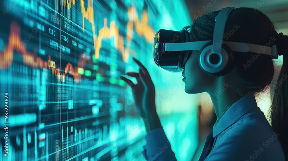 A woman wearing a virtual reality headset is touching a screen with her finger. Concept of immersion and engagement with technology A woman wearing a virtual reality headset is touching a screen with her finger. Concept of immersion and engagement with technology