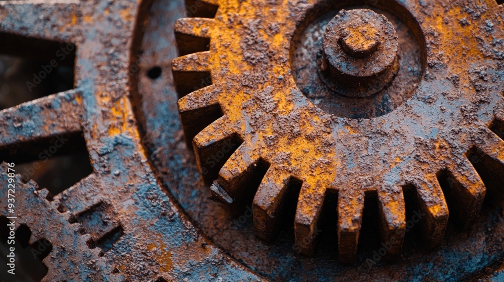 A rusty gear with a worn out appearance. The gear is old and has a lot of rust on it
