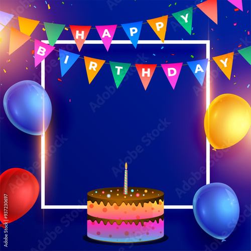 happy bday party cake and balloon background with text space