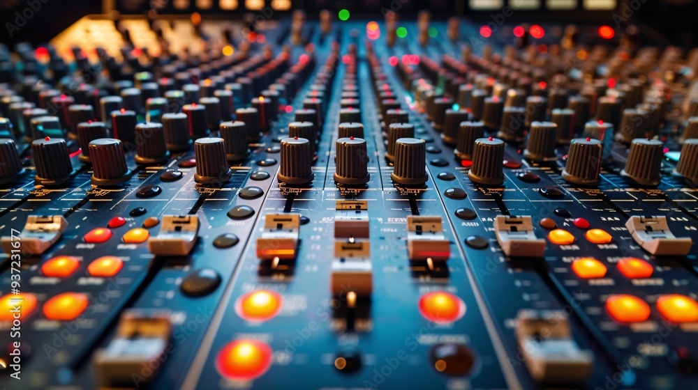 Obraz premium The assortment of dials, levers, and switches embellishing the interface of an audio controller.