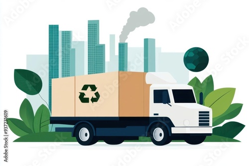 Illustration of a delivery truck with a recycling symbol, surrounded by greenery and city buildings, representing eco-friendly transport.