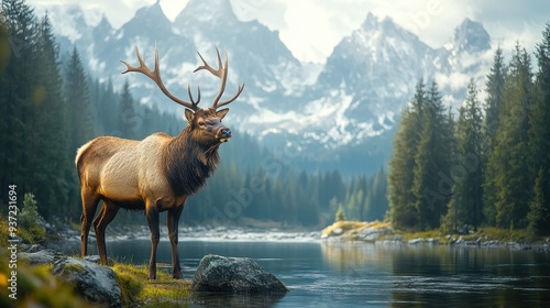 A Majestic Elk with Impressive Antlers Standing Gracefully Before Breathtaking Mountains and Rivers, Creating an Enchanting Natural Landscape Backdrop in a Full-Body Shot.