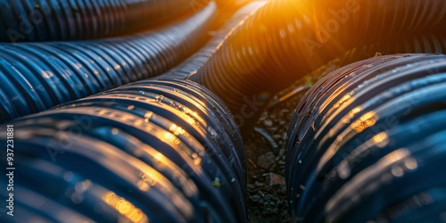 The hefty dark tube is coiled together under the warm sunlight. photo