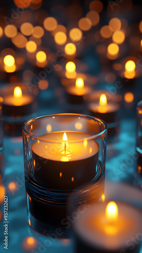 Multiple tea light candles arranged on a reflective surface. 