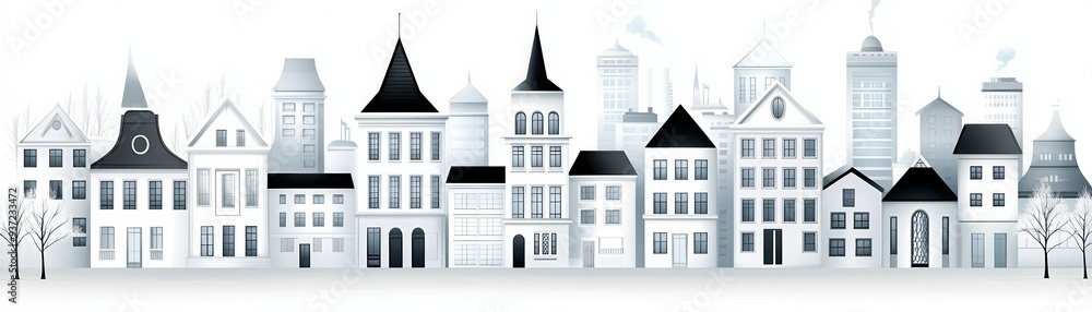 Monochrome cityscape illustration featuring diverse building architecture and skyline. Perfect for urban design or architectural themes. Monochrome cityscape illustration featuring diverse building architecture and skyline. Perfect for urban design or architectural themes.