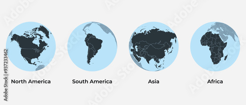 Earth map globe icon set with four continents vector design. Continents front facing Asia, Africa, North America, and South America 