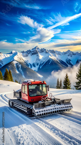 Snowcat machine for snow removal. Preparation ski trails. Snow groomer. Snowy tracks of snowcat in the mountains. Ratrac snowcat. Snow tucker photo