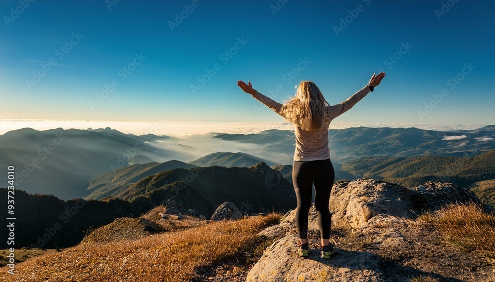 Woman celebrating nature and reaching the summit Woman celebrating nature and reaching the summit