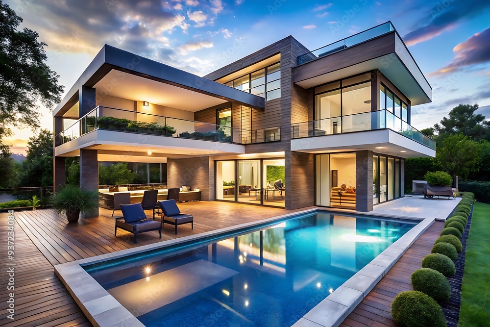 Modern House with Swimming Pool at Dusk. Modern House with Swimming Pool at Dusk.
