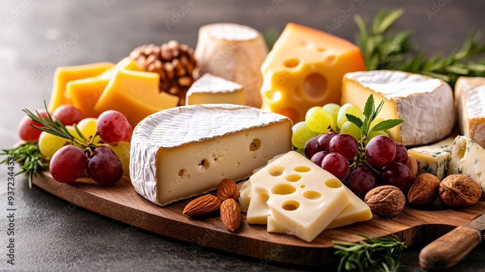 Assorted Gourmet Cheeses with Grapes Nuts and Fresh Herbs on Wooden Board Assorted Gourmet Cheeses with Grapes Nuts and Fresh Herbs on Wooden Board