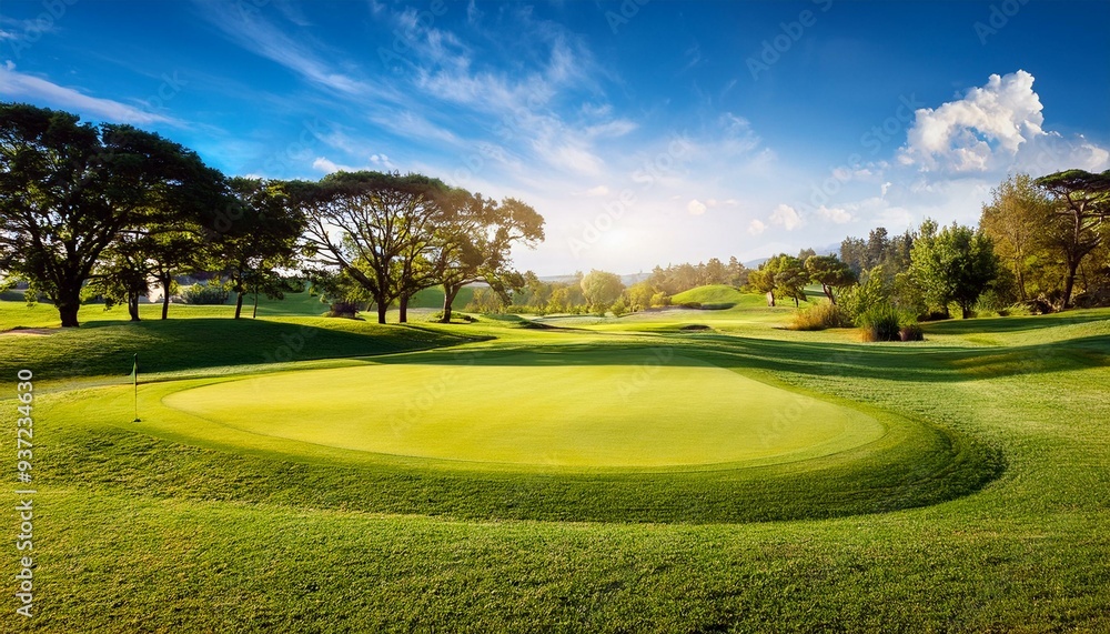 Golf course at sunset with beautiful blue sky. Scenic panoramic view of perfect golf fairway. Golf field with high pines Golf course at sunset with beautiful blue sky. Scenic panoramic view of perfect golf fairway. Golf field with high pines