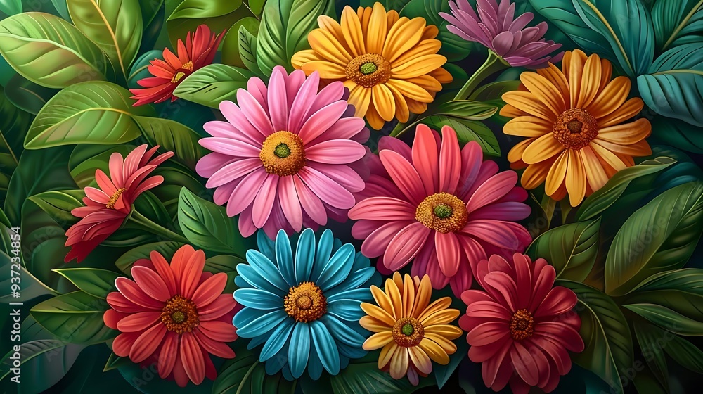 A vibrant arrangement of colorful flowers surrounded by lush green leaves. A vibrant arrangement of colorful flowers surrounded by lush green leaves.