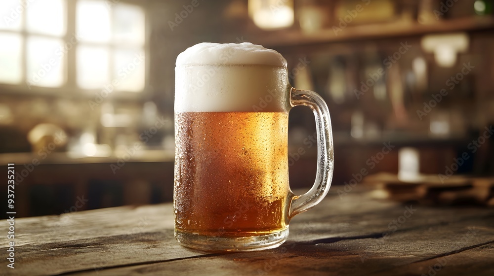 Frosty cold beer mug with thick creamy foam on top placed on a rustic weathered wooden table offering ample blank space around the scene for copy or design elements Frosty cold beer mug with thick creamy foam on top placed on a rustic weathered wooden table offering ample blank space around the scene for copy or design elements