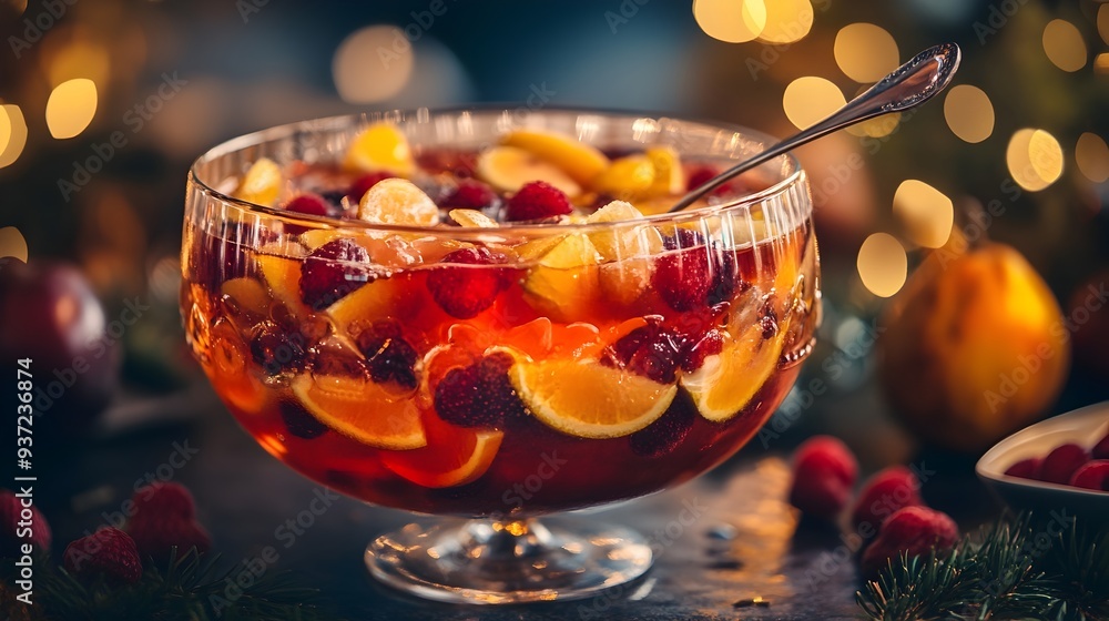 Fototapeta premium Festive and Vibrant Fruit Punch Served in a Large Glass Bowl with a Ladle Arranged on a Table with Open Space for Copy or Branding Perfect for Summer Parties Holidays and Other