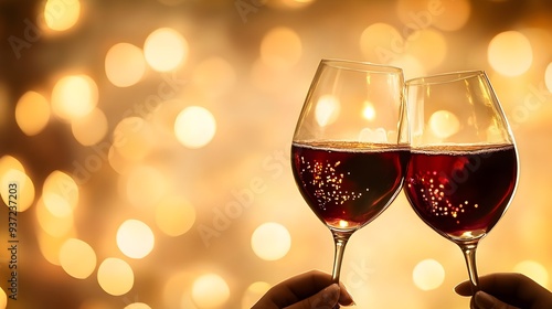 Crystal wine glasses clinking together in a celebratory toast against a blurred background creating a joyful and festive scene with copy space photo