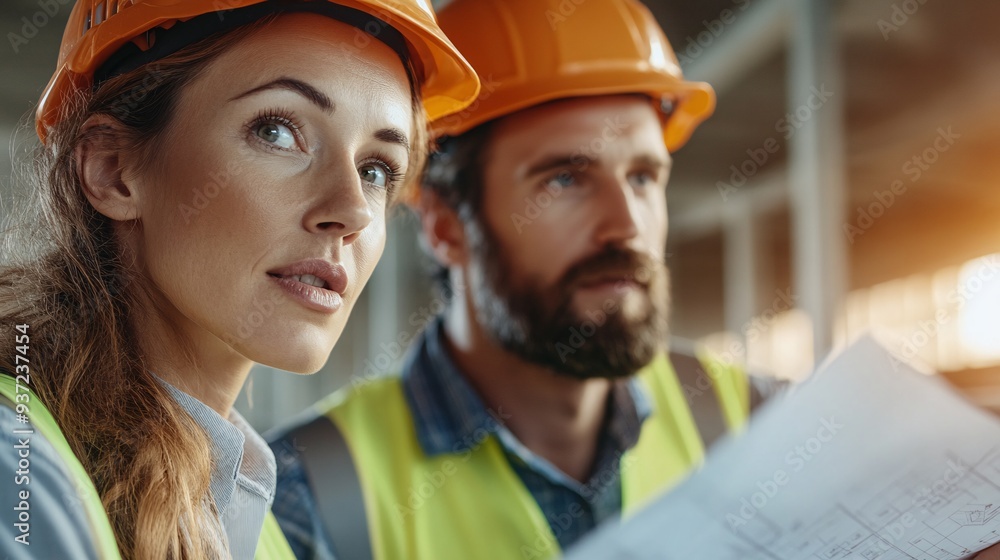 Male and Female Construction Workers Analyzing Blueprints on Active Jobsite Male and Female Construction Workers Analyzing Blueprints on Active Jobsite
