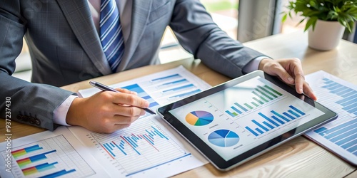 A man in a suit is sitting at a desk with a tablet and a pen