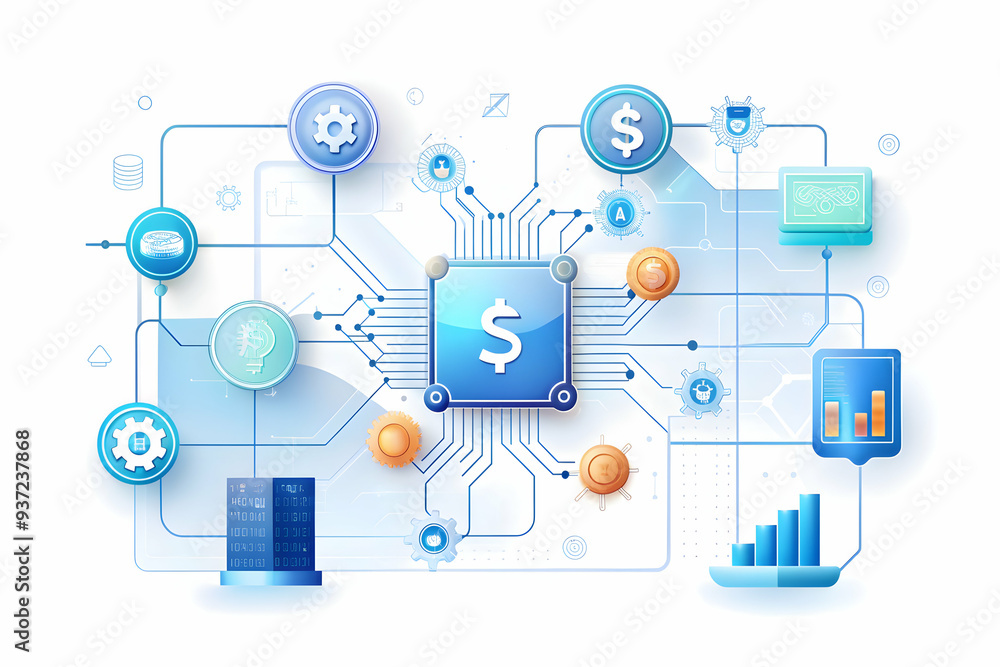 Photo Realistic as AI data processing and financial network concept as An AI data processing icon paired with a financial network representing the role of AI in enhancing financial network security id Photo Realistic as AI data processing and financial network concept as An AI data processing icon paired with a financial network representing the role of AI in enhancing financial network security id