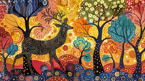 Traditional Gond art of deer and trees against a colorful backgr