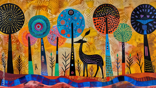 Traditional Gond art of deer and trees against a colorful backgr