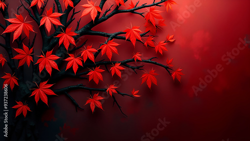 Abstract red black leaves background Composition of vivid red leaves entangled in dark branches photo