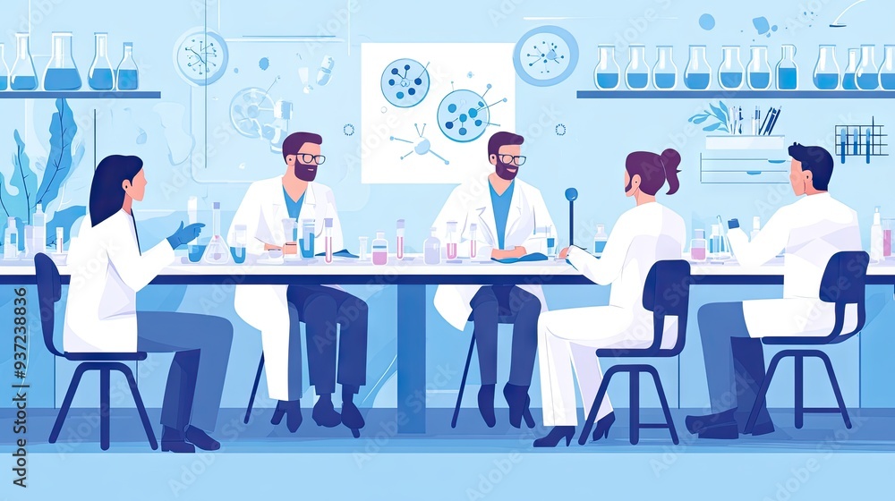 A biotech lab meeting where industry professionals discuss the impact of pandemic guidelines on research. A biotech lab meeting where industry professionals discuss the impact of pandemic guidelines on research.