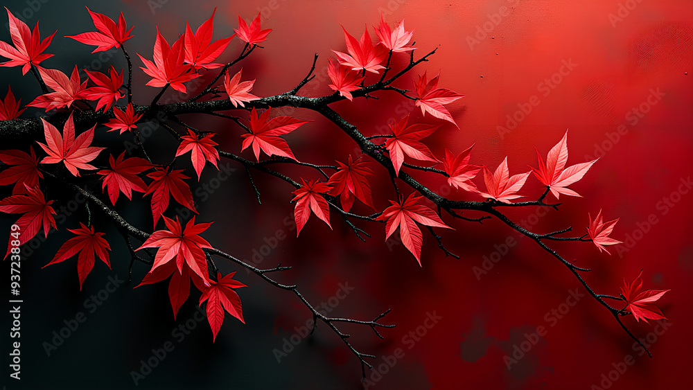 Abstract red black leaves background Composition of vivid red leaves entangled in dark branches Abstract red black leaves background Composition of vivid red leaves entangled in dark branches