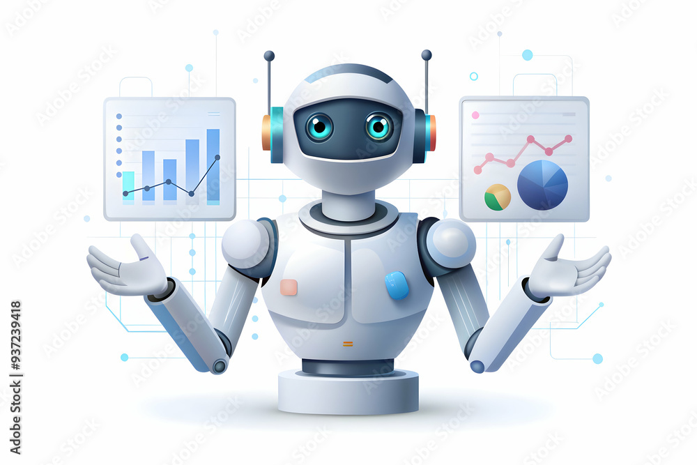 Photo Realistic as AI robot and marketing chart concept as An AI robot icon paired with a marketing chart symbolizing the integration of artificial intelligence in marketing analytics ideal for isolat Photo Realistic as AI robot and marketing chart concept as An AI robot icon paired with a marketing chart symbolizing the integration of artificial intelligence in marketing analytics ideal for isolat