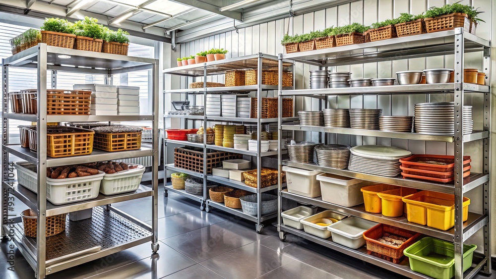 Commercial kitchen storage shelving units stocked with baskets, bins, and containers neatly organized to maximize space and efficiency in a busy restaurant setting. Commercial kitchen storage shelving units stocked with baskets, bins, and containers neatly organized to maximize space and efficiency in a busy restaurant setting.