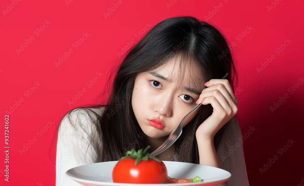 Disappointed Woman with a Plate of Tomato for Diet and Nutrition Themes Disappointed Woman with a Plate of Tomato for Diet and Nutrition Themes