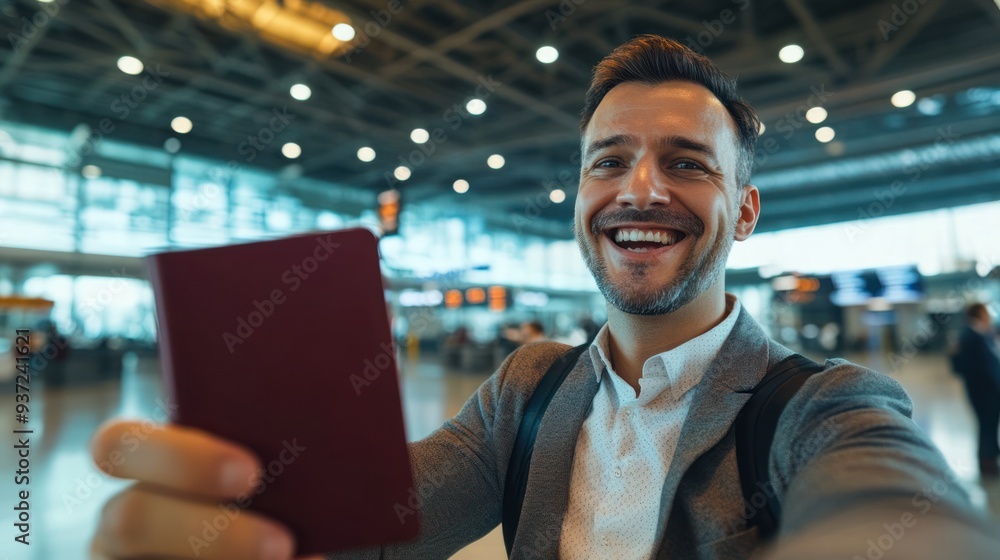Very Excited Businessman Taking Selfie In Airport, Holding Passport With Tickets, Boarding Travel Concept Very Excited Businessman Taking Selfie In Airport, Holding Passport With Tickets, Boarding Travel Concept