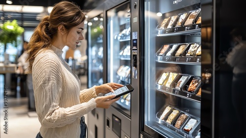 49 Person using digital wallet at a vending machine, representing the cashless convenience of modern finance, Wallet vending machine, Cashless digital finance
