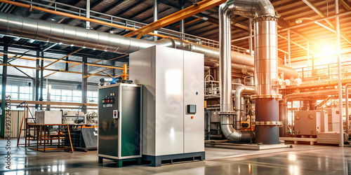 Photo Realistic as Electric boiler and industrial warehouse concept as An electric boiler paired with an industrial warehouse representing the use of eco friendly heating in manufacturing ideal for cl