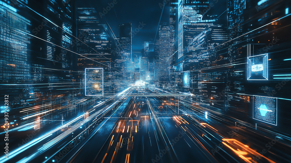 A futuristic city with holographic entertainment displays and intelligent AI traffic management A futuristic city with holographic entertainment displays and intelligent AI traffic management