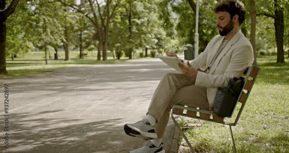 A businessman wearing a white jacket sits on a park bench working seriously. A businessman wearing a white jacket sits on a park bench working seriously.