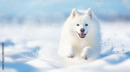 Happy Samoyed Dog Running in Snow.