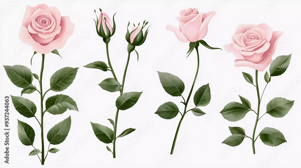 Set of floral branches. Flower pink rose, green leaves. Wedding concept with flowers. Floral poster, invite. Vector arrangements for greeting card or invitation design which is very beautiful Set of floral branches. Flower pink rose, green leaves. Wedding concept with flowers. Floral poster, invite. Vector arrangements for greeting card or invitation design which is very beautiful