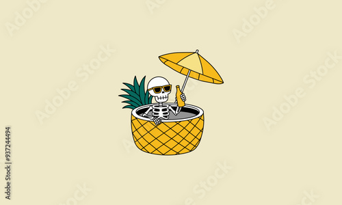skeleton is soaking in a pineapple shaped tub with a view of the beach with palms vector